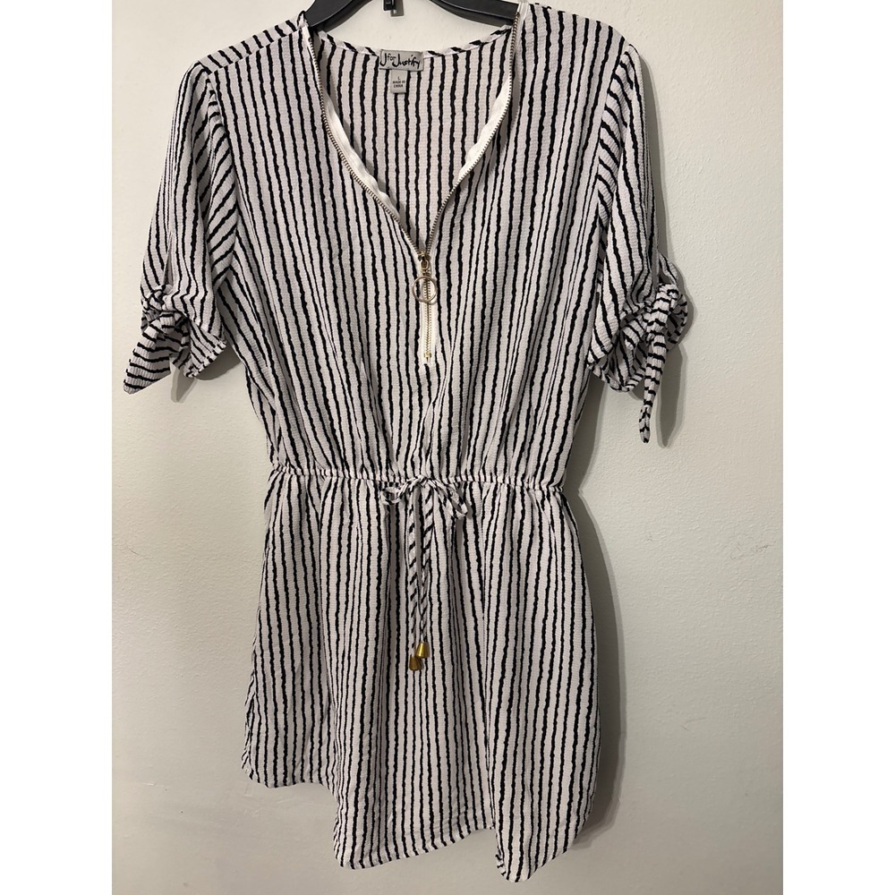 J for Justify Romper Womens Large White Black Excellent Striped Zip Front Tie Sl